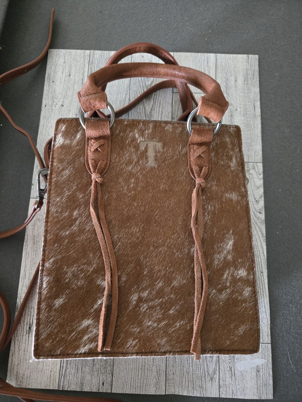 Trinity Ranch Brown Haircalf Leather Tote Bag with Top Handles